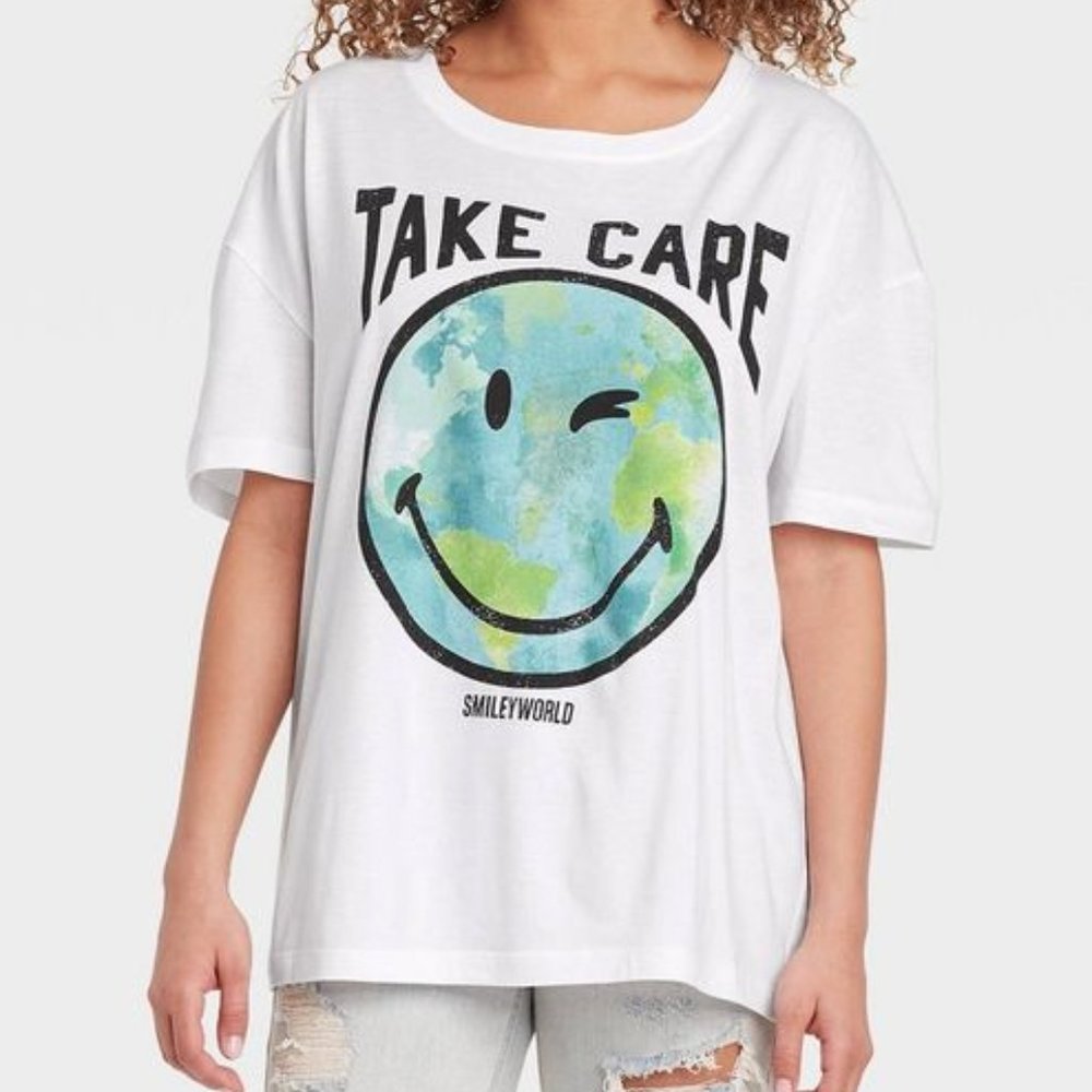 Smiley World Take Care Graphic Tee Sz Medium